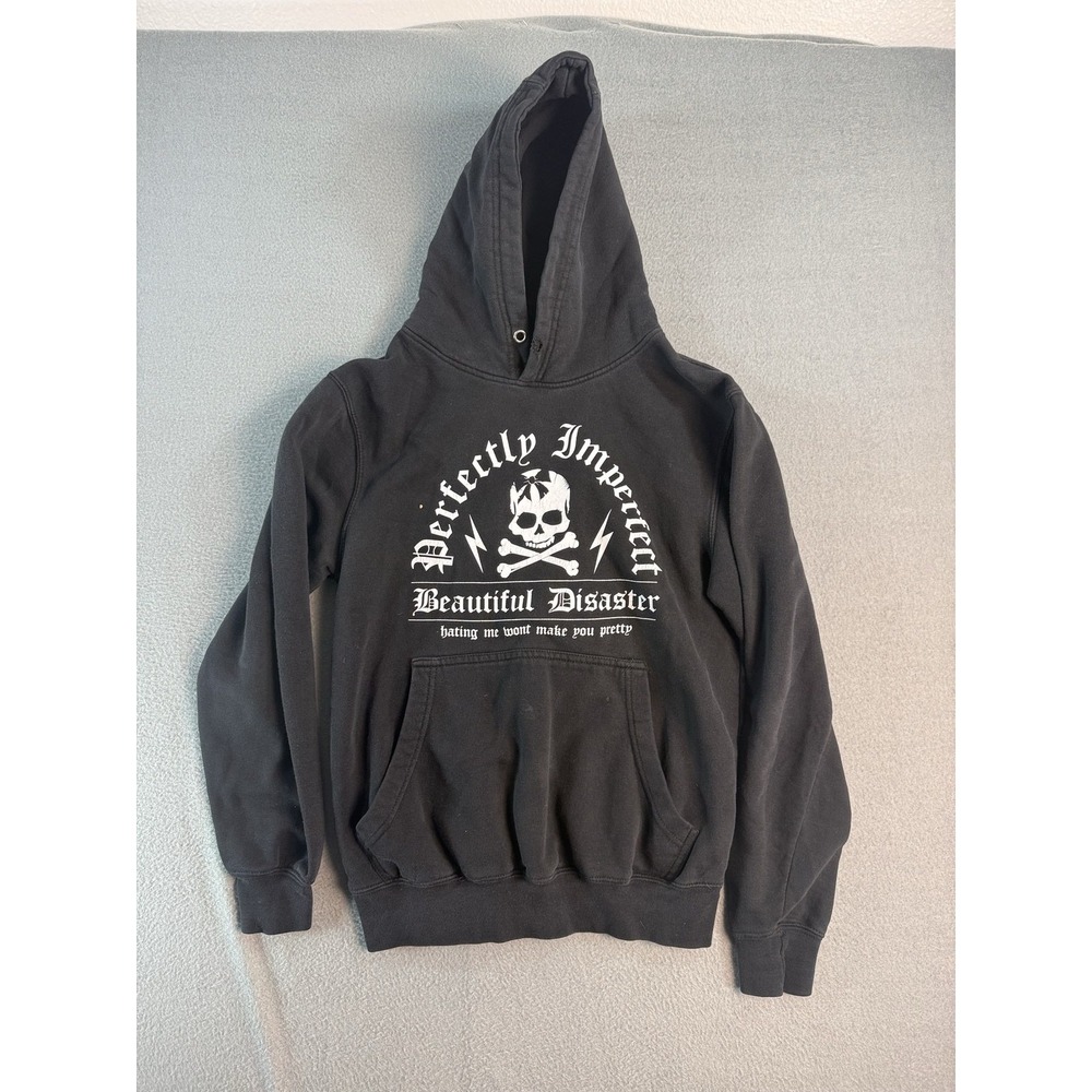 Beautiful Disaster Hoodie Womens M Black Fleece Pullover Skull Graphic Gothic